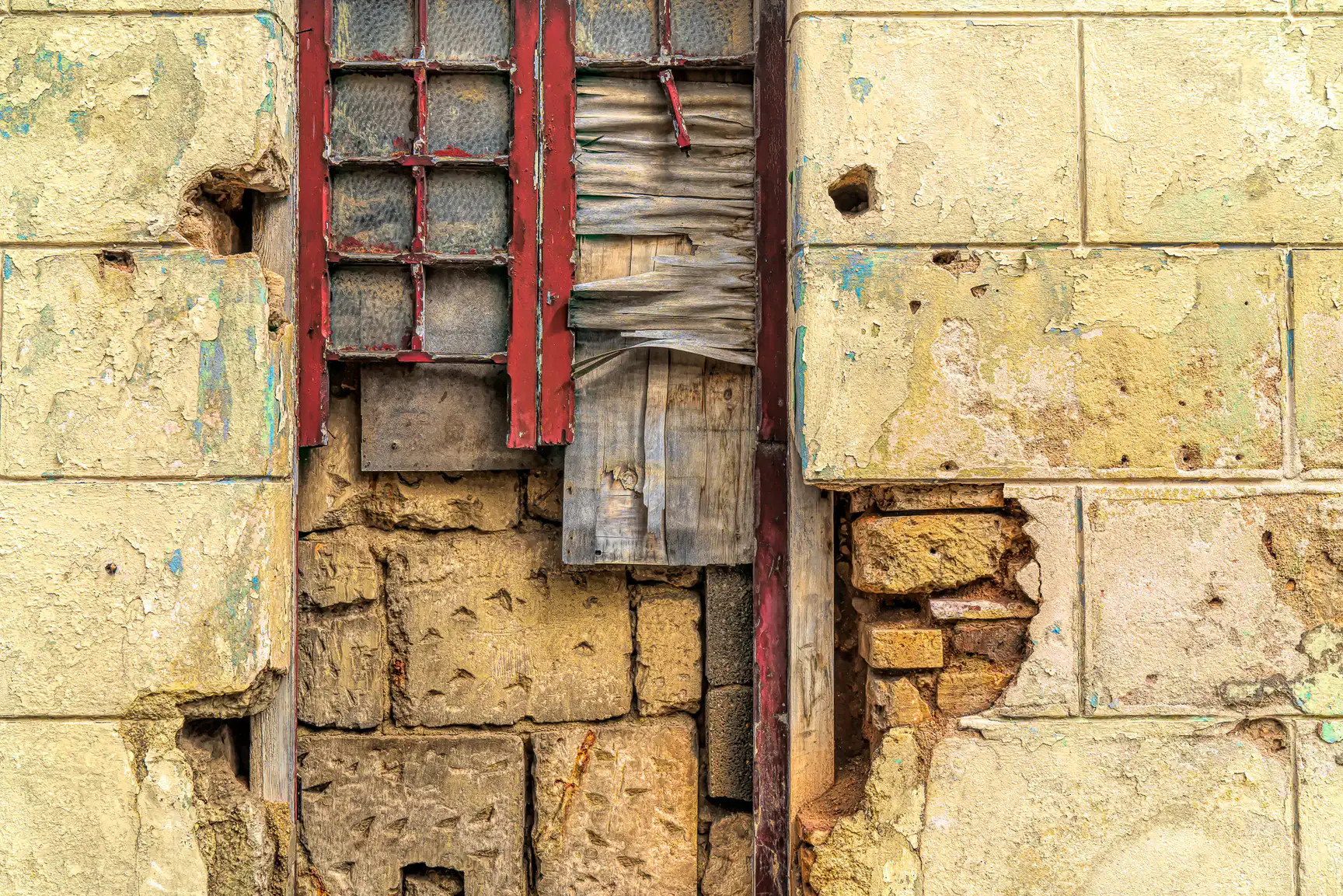 Half-collapsed turquoise wall with open window frame in Cuba
